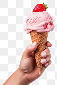 PNG Strawberry ice cream cone dessert holding food. 