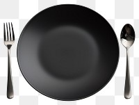 PNG Empty black plate spoon fork knife. 