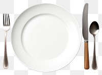 PNG Empty plate spoon knife fork. 