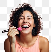 PNG Woman applying mascara laughing happy microphone. 