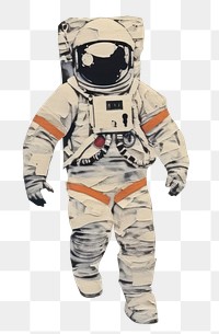 PNG Illustration of an astronaut in a spacesuit. The astronaut is depicted in a classic white spacesuit with orange accents, helmet reflecting space. Space-themed art. 