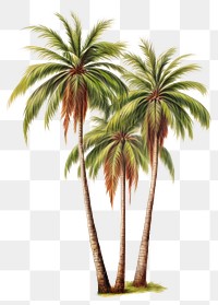 PNG Illustration of three tall palm trees with lush green and brown fronds. Palm trees stand together, showcasing tropical beauty and natural elegance. 