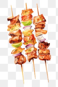 PNG BBQ skewers grilling food meat. 