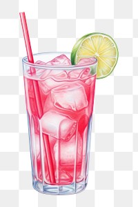 PNG Refreshing pink drink with ice cubes, a lime slice, and a red straw in a clear glass. Perfect for a cool drink on a hot day. Enjoy a pink drink! 