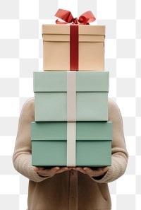 PNG Person holding stacked gift boxes with ribbons. Gift boxes in pastel colors. Presents for celebrations. Gift boxes for holidays and special occasions. 