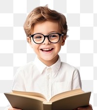 PNG Kid boy wear glasses reading a book publication portrait smile. 