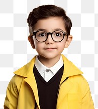 PNG Kid study boy Wear glasses portrait yellow photo. AI generated Image by rawpixel.