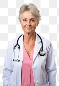 PNG Senior woman doctor adult white background stethoscope. 