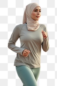 PNG Woman jogging in sportswear and hijab, outdoors, active lifestyle. Athletic woman in hijab running, fitness and exercise. Outdoor jogging, hijab and sportswear. 