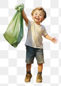 PNG A joyful kid proudly holding a green garbage bag child plastic  