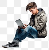 PNG Boy portrait sitting using tablet computer footwear teen. AI generated Image by rawpixel.