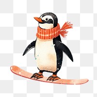 PNG Penguin playing snowboard outdoors winter nature. 