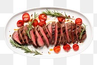 PNG Grilled Sliced Beef Steak plate beef rosemary. AI generated Image by rawpixel.