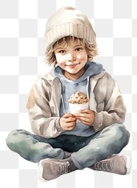 PNG Watercolor boy eating ice cream portrait sitting child. 