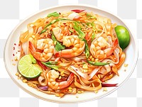 PNG Delicious shrimp pad thai with noodles, lime, and chili. Tasty shrimp, fresh lime, and spicy chili enhance this pad thai. Enjoy shrimp pad thai with vibrant flavors. 