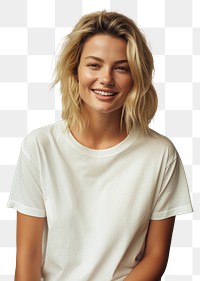 PNG T-shirt portrait blonde smile. 