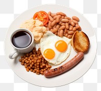 PNG British breakfast plate coffee food. 