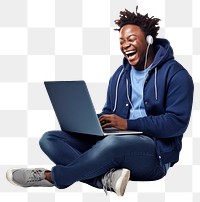 PNG Happy young IT chubby African man computer sitting laptop