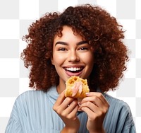 PNG Young woman eating pastry portrait biting adult. AI generated Image by rawpixel.