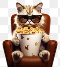 PNG Cat wear sunglasses chair popcorn cartoon. 