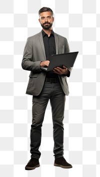 PNG Man holding laptop computer standing portrait. 