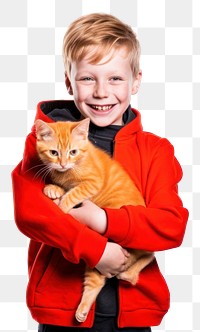 PNG Kid smiling holding orange cat portrait mammal animal. 