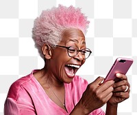 PNG Senior African American woman smiles telephone laughing adult. 