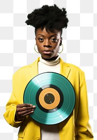 PNG African afrobeat singer holding a small record portrait yellow adult. 