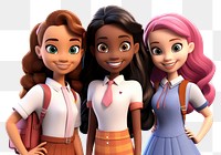 PNG Multiracial happy schoolgirls portrait cartoon doll. 