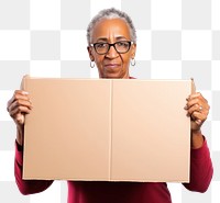 PNG Woman holding a cardboard sign portrait glasses adult. 