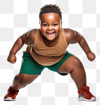 PNG African chubby kid sports white background exercising. 