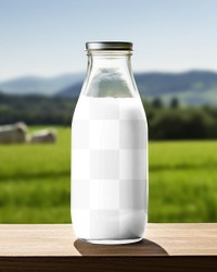 Glass milk bottle png mockup, transparent product packaging