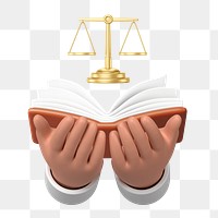 Scales of Justice png, 3D hands holding book, transparent background