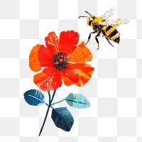 Bee png flower, nature, creative paper craft collage, transparent background