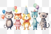 PNG Birthday party animal cartoon, watercolor illustration, transparent background