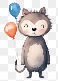 PNG Wolf holding balloons, watercolor illustration, transparent background