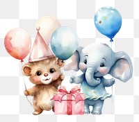 PNG Birthday bear & elephant, watercolor illustration, transparent background