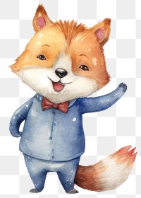 PNG Waiter fox cartoon, watercolor illustration, transparent background