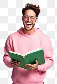 PNG Man hold textbook pink read beaming shiny smile enjoy wear spectacles green pullover laughing portrait reading. 