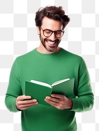 PNG Man hold pinkbook read beaming shiny smile enjoy wear spectacles green pullover portrait glasses sweater. 