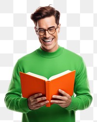 PNG Man hold read orange textbook beaming shiny smile enjoy wear spectacles green pullover portrait sweater reading. AI generated Image by rawpixel.