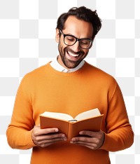 PNG Man hold read Brown textbook beaming shiny smile enjoy wear spectacles orange pullover portrait sweater reading. 