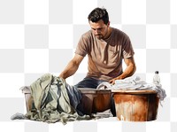 PNG Man washing clothes cleaning laundry sitting. 