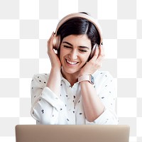 Woman listening to music headphones png photo element, transparent background