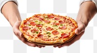 PNG Hands holding pizza food white background pepperoni. 