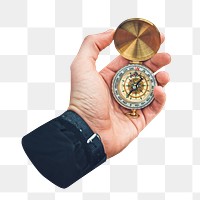 Hand holding compass png, transparent background