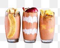 Png peach smoothies with fruits sticker, transparent background