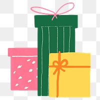 Png colorful gift boxes doodle illustration, transparent background