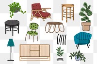 Furniture & plant png sticker set, aesthetic doodle, transparent background