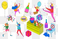 Birthday party people png sticker illustration set, transparent background